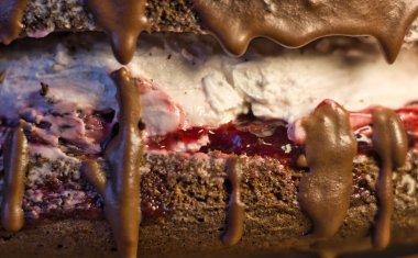 Wuzetka Tatlısı 'nın makro fotoğrafçılığını kapat. Polonya kaynaklı beyaz kremalı çikolatalı kek, sıcak çikolatalı pasta veya kenarında erimiş krema.