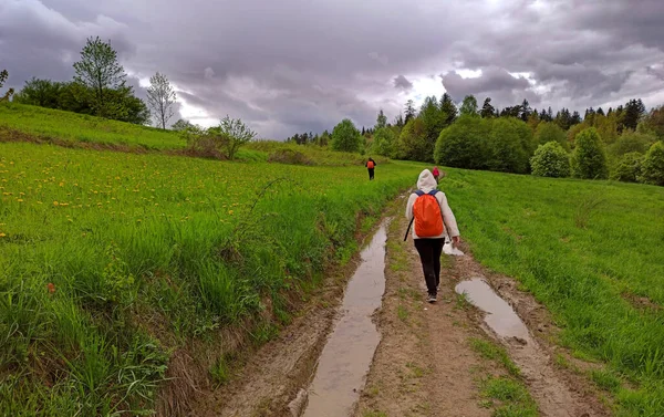Polonya Nın Dağlarında Çamurun Üzerinde Sırt Çantasıyla Yeşil Çayırlarda Yürüyüş — Stok fotoğraf
