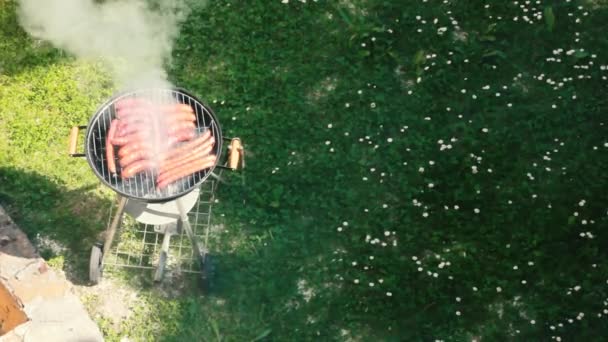 Bahçede Tutulan Sosisleri Yeşil Çimlere Karşı Kızart Barbeküde Izgarada Kızarmış — Stok video