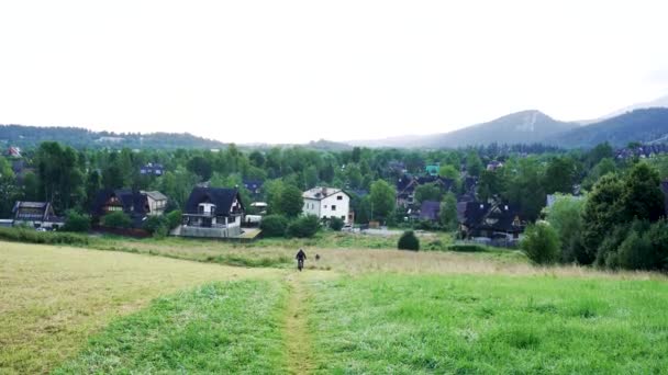 Statisch Beeld Van Een Man Een Fiets Een Groen Veld — Stockvideo