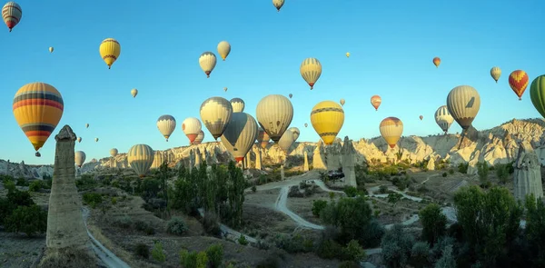 Πανόραμα Πολύχρωμο Αερόστατο Θερμού Αέρα Που Πετά Νωρίς Πρωί Στην — Φωτογραφία Αρχείου