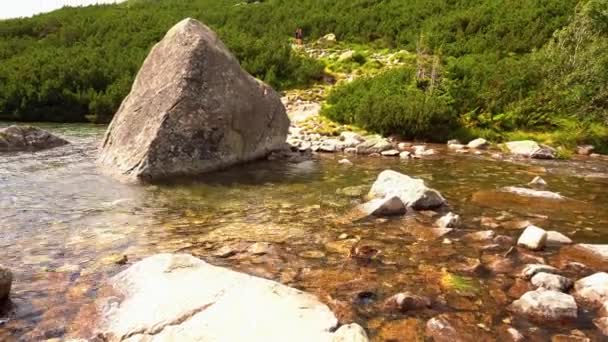 Zakopane, Polsko: Křišťálově čistá voda v rybníku tekoucí jako potok Roztoka nebo řeka, která se nachází v údolích Pieciu Stawow Polskie ve Vysokých Tatrách