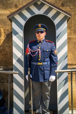 Prag, Çek Cumhuriyeti - 11 Mayıs 2023: Resmi bir askeri muhafız Prag 'da çizgili bir nöbet yerinde duruyor. Mavi bir tören üniforması içinde altın aksanlı bir tüfek tutuyor ve disiplin, görev ve tetikte bekliyor..