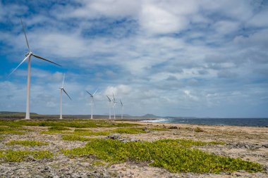 Yeşil çimenlerin arka planında rüzgar türbinleri