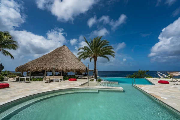 Palmiye ağaçları ve mavi gökyüzü olan güzel tropikal plaj