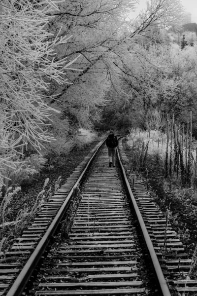 Γυναίκα Περπάτημα Σιδηροδρομικές Γραμμές Φθινόπωρο — Φωτογραφία Αρχείου