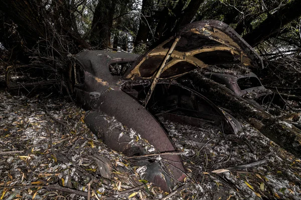 Rusty Car Wrecks Trees — Fotografia de Stock