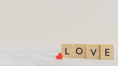 Tahta blokta aşk, 3 boyutlu kırmızı kalp, konsept sevgililer günü..
