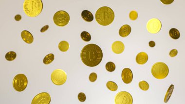 Görüntü: Beyaz arkaplandaki altın bitcoin ellemesi 3 boyutlu görüntüleme.