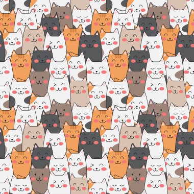 Şirin kedilerin vektörü pastel renksiz desen arkaplanı.