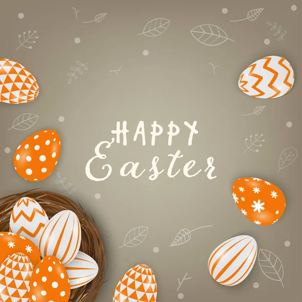 Yuvadaki Paskalya yumurtaları. Kahverengi arkaplanda çizgi bırakır.