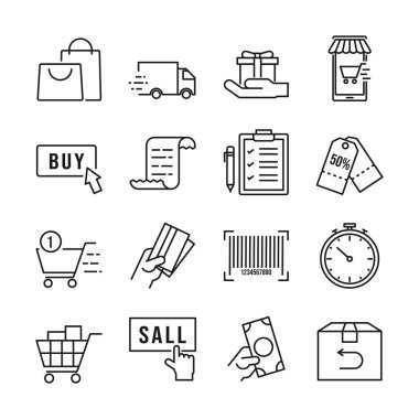 Beyaz arkaplanda vektör çevrimiçi alışveriş simgesi ayarlandı.