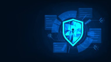 Kalkan teknolojisi geçmişi olan Hud halkası. Siber güvenlik kavramı. Verileri koru. Devre kartında kalkan.