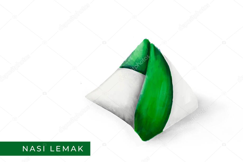 Digital art of nasi lemak bungkus, or coconut milk rice wrapped in banana leaf and paper in the shape of a pyramid. Served together with sambal (chilli paste), fried anchovies, cucumber and boiled egg