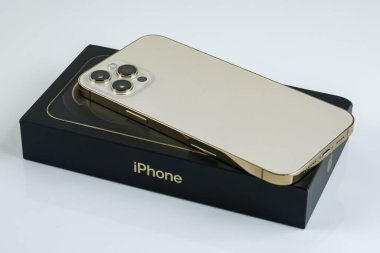 iPhone 12 Pro Max Gold kutusunun yanında bir müşteri tarafından tutuluyor.
