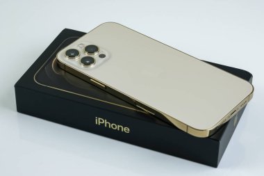 iPhone 12 Pro Max Gold kutusunun yanında bir müşteri tarafından tutuluyor.