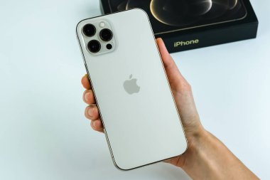 iPhone 12 Pro Max Gold kutusunun yanında bir müşteri tarafından tutuluyor.