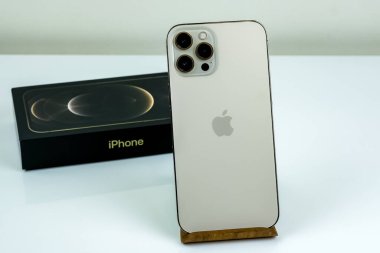 iPhone 12 Pro Max Gold kutusunun yanında bir müşteri tarafından tutuluyor.