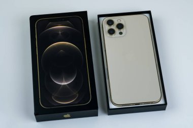 iPhone 12 Pro Max in Gold kutusunun yanında