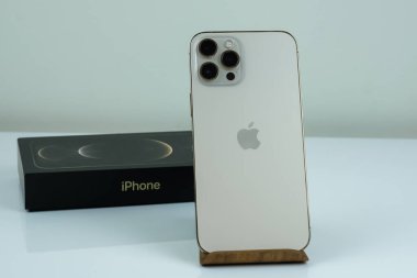 iPhone 12 Pro Max in Gold kutusunun yanında