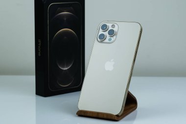 iPhone 12 Pro Max in Gold kutusunun yanında