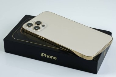 iPhone 12 Pro Max in Gold kutusunun yanında