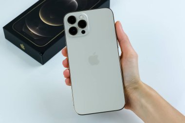 iPhone 12 Pro Max in Gold kutusunun yanında