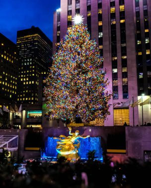 Rockefeller Center Noel Ağacı ve New York 'taki Rockefeller binasının önündeki Rockefeller Plaza' da tatil süslemeleri..