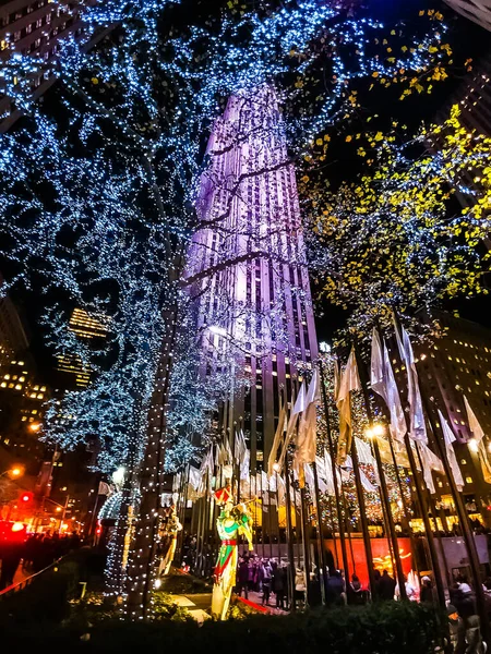Rockefeller Center Kerstboom Kerstversiering Het Rockefeller Plaza Tegenover Het Rockefeller — Stockfoto