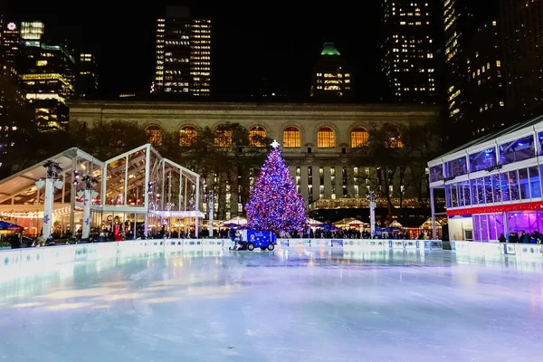 Bryant Park Pista Patinação Gelo Decorações Bryant Park Árvore Natal — Fotografia de Stock