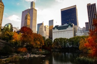 Central Park, New York 'ta sonbahar mevsiminin doruk noktasında. Sarı, kırmızı yapraklar ve ağaçlar sonbahar yapraklarının zirvesinde renk değiştiriyor..