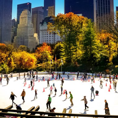 Central Park, New York 'ta sonbahar mevsiminin doruk noktasında. Sarı, kırmızı yapraklar ve ağaçlar sonbahar yapraklarının zirvesinde renk değiştiriyor..
