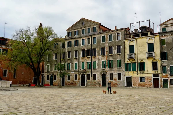 Venedik 'te küçük dar kanallar, botlar ve İtalya' daki köprülerin altında yüzen gondollarla dolu güzel bir gün..