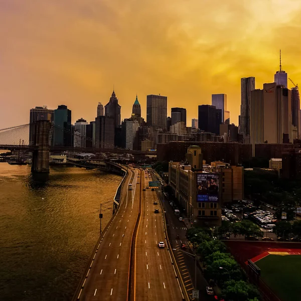 Manhattan Köprüsü Nden Manhattan Skyline Arka Planında Gün Batımında Görüntüsü — Stok fotoğraf