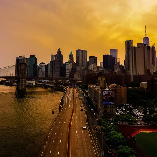 Manhattan Köprüsü Nden Manhattan Skyline Arka Planında Gün Batımında Görüntüsü — Stok fotoğraf