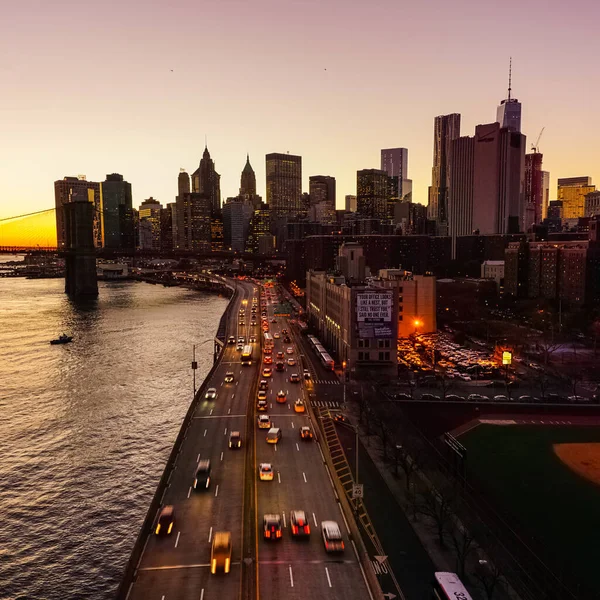 Manhattan Köprüsü Nden Manhattan Skyline Arka Planında Gün Batımında Görüntüsü — Stok fotoğraf