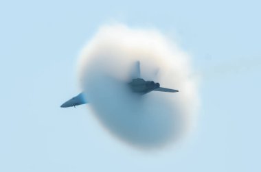 Jet ses duvarını geçiyor. McDonnell Douglas F-15 Eagle, Jones Beach State Park, Nassau County, ABD 'deki Jones Beach Hava Gösterisi sırasında buhar külahıyla ses bariyerini geçiyor..