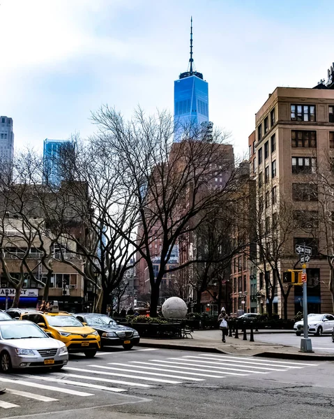 Nova Iorque Panorama Rua Manhattan Com Táxis Amarelos Nova Iorque — Fotografia de Stock