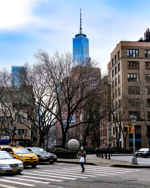 纽约市曼哈顿街全景 街上有黄色的纽约市出租车 纽约曼哈顿 — 图库照片