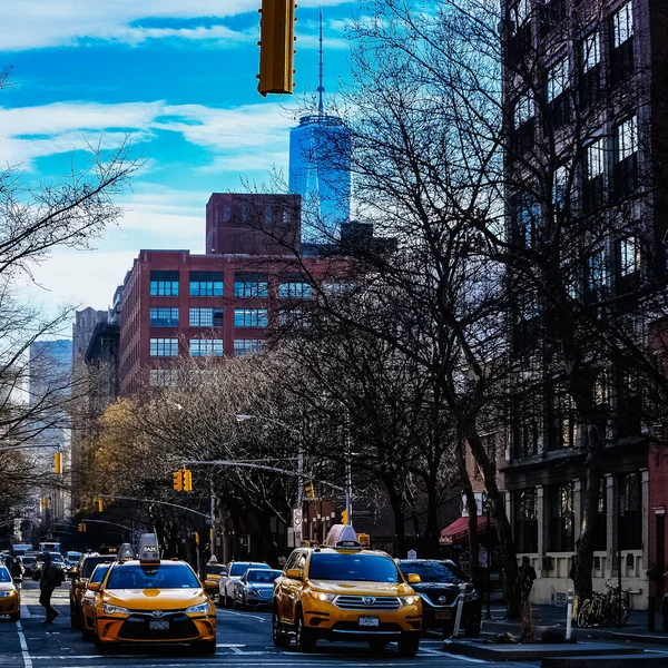 Nova Iorque Panorama Rua Manhattan Com Táxis Amarelos Nova Iorque — Fotografia de Stock