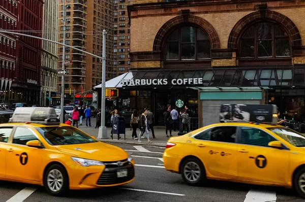 Nova Iorque Panorama Rua Manhattan Com Táxis Amarelos Nova Iorque — Fotografia de Stock