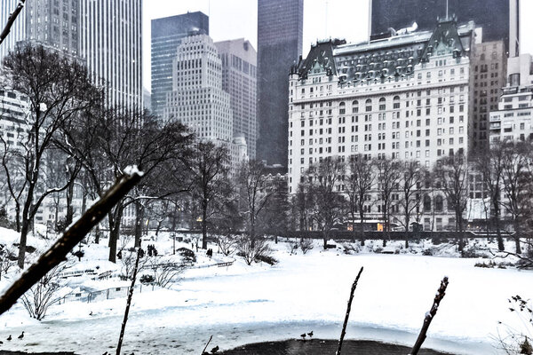 Central Park during the winter blizzard snow fall in Manhattan, New York City.