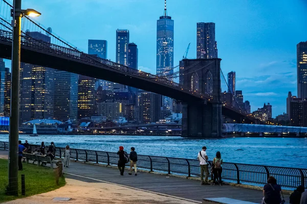 Ponte Brooklyn Horizonte Manhattan Visto Brooklyn Bridge Park Nova Iorque — Fotografia de Stock