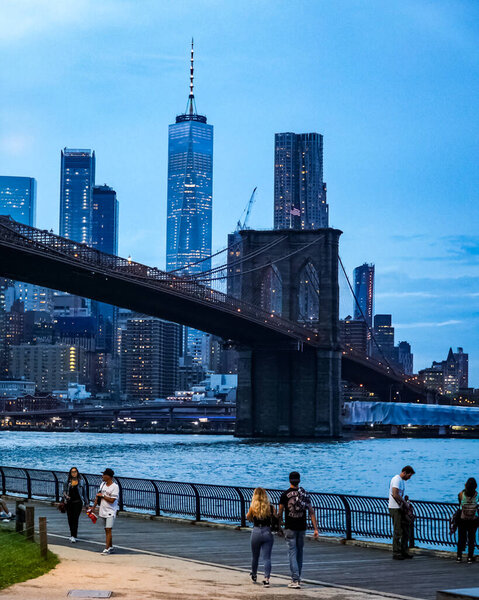 The Brooklyn Bridge and the Manhattan skyline as seen from the Brooklyn Bridge Park in New York City. Brooklyn, New York.