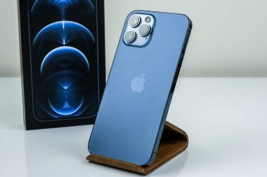 iPhone 12 Pro Max in Pacific Blue.