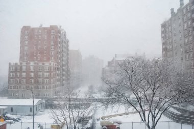 Kar fırtınası New York 'ta sokakları ve arabaları karla kapladıktan sonra Brooklyn' deki sokakları kapladı.. 