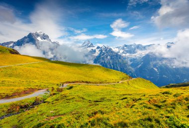 Grindelwald 'ın tepesinden parlak bir yaz manzarası. Schreckhorn dağı sabah sisi, Grindelwald köyü konumu, İsviçre Bernese Alpleri, İsviçre, Avrupa.