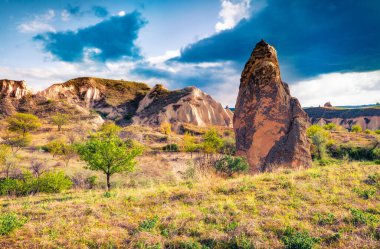 Cappadocia 'nın güneşli yaz manzarası. Nisan ayındaki Kırmızı Gül Vadisi 'nin muhteşem sabah manzarası. Nevsehir ilçesine bağlı Cavusin köyü, Türkiye, Asya. 