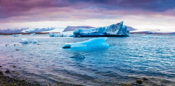 Panorama Över Flytande Blå Isberg Jokulsarlonislagunen Färgglad Solnedgång Vatnajokull National — Stockfoto