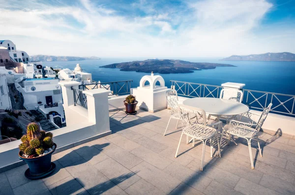 Vue Matinale Ensoleillée Sur Île Santorin Scène Printanière Pittoresque Célèbre — Photo